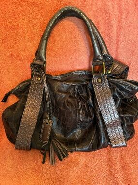 Dark Brown Croc-Embossed Leather Shoulder Bag with Tassel